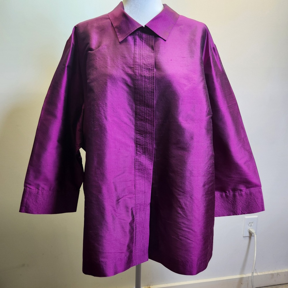Vtg Valerie Stevens Silk Shirt Jacket Top Sz 3X Button Front Hidden Placket
